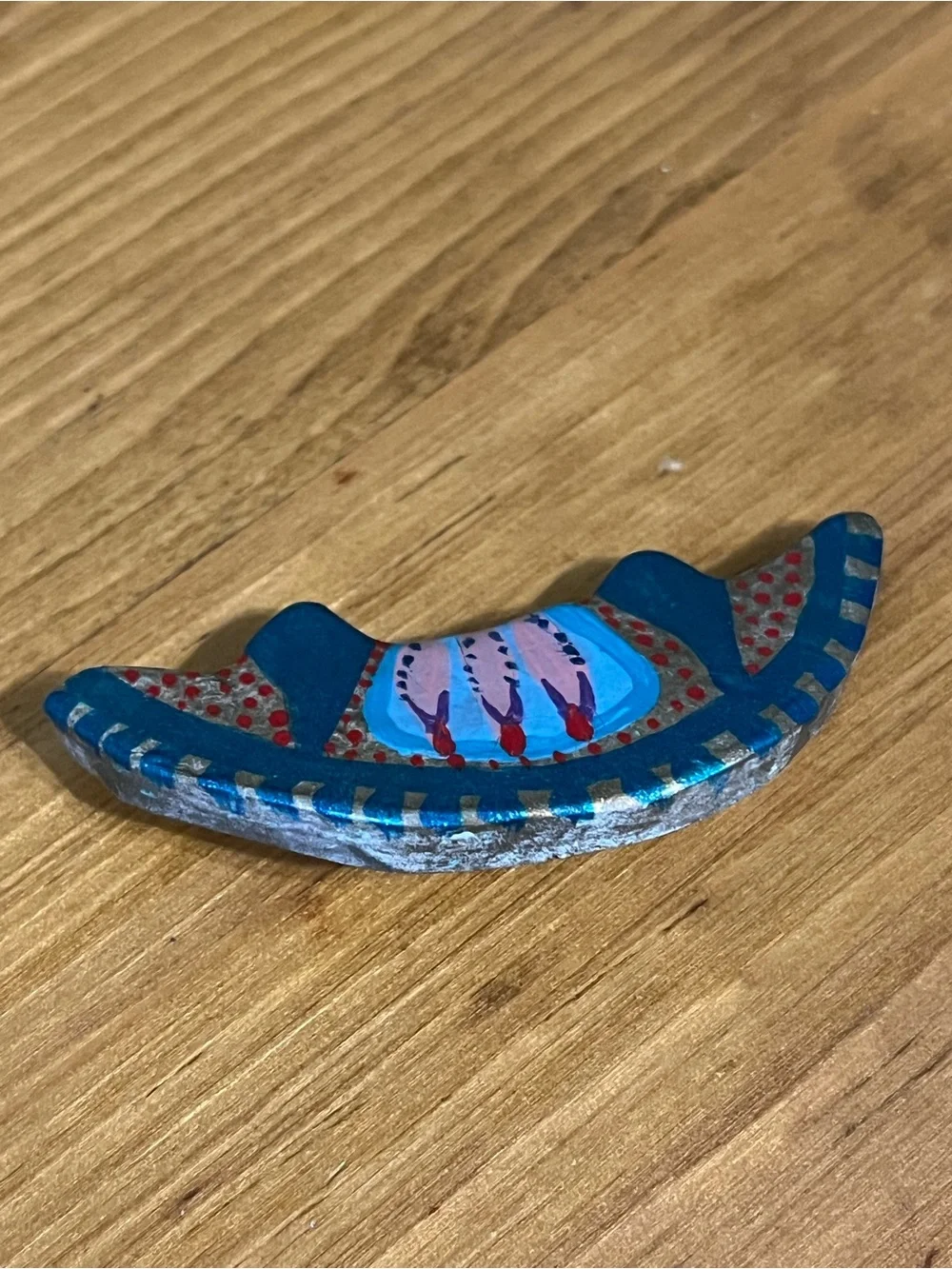 Handcrafted crescent moon brooch whimsical enamel painted with shimmer 2”